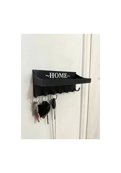 Home Yazılı Duvar Tipi Anahtarlık Ve Posta Kutusu Rafı7 Kancalı Dekoratif Anahtar Askısı 180x80x75mm Siyah
