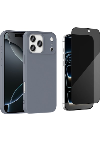 Apple Uyumlu iPhone 17 Pro Max Içi Kadife Lansman Kılıf Ve Hayalet Tam Kaplayan Cam Ekran Koruyucu Gri