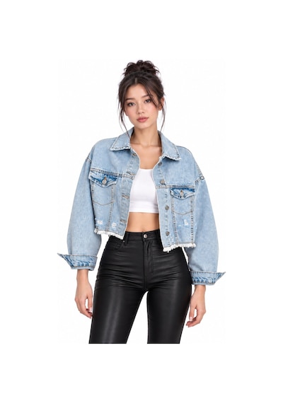 Saade Mavi Sırt Yırtık Detaylı Püsküllü Crop Denim Ceket