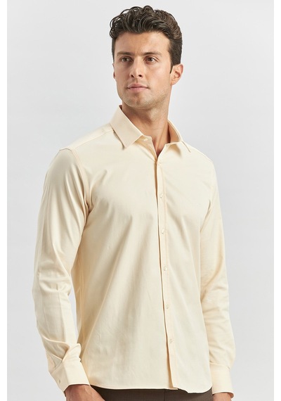 İmza Açık Bej Uzun Kol Düz Bez Ayağı 032 Sert Yaka Classic Slim Fit Gömlek 1004240334 Açık Bej
