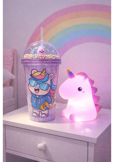2 Li Set Işıklı Renkli Unicorn Figürlü Gece Lambası & Pipetli Boncuk Detaylı Suluk Bardak Mor 450 Ml Set