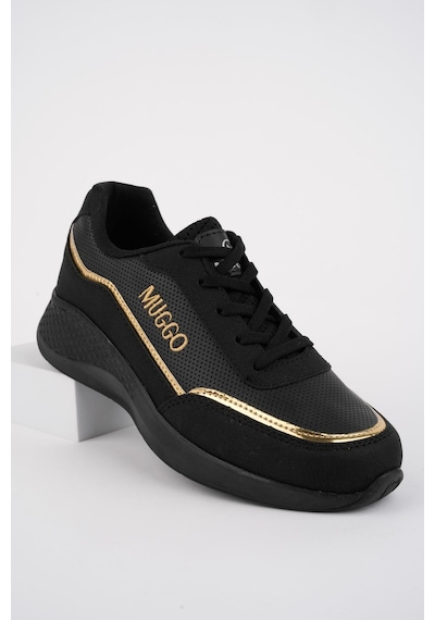 Muggo Coco Garantili Kadın Ortopedik Günlük Bağcıklı Şık Rahat Sneaker Spor Ayakkabı Siyah - Altın