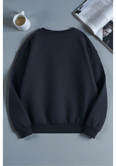 Uyguntarz Unisex Leopar Desenli Tasarım Baskılı Bisiklet Yaka Sweatshirt Lacivert
