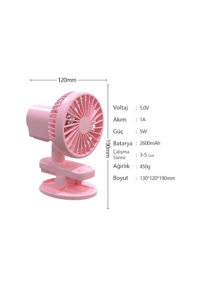 3 Kademe Şarjlı Mandallı 120 Taşınabilir Fan Vantilatör F02 Pembe