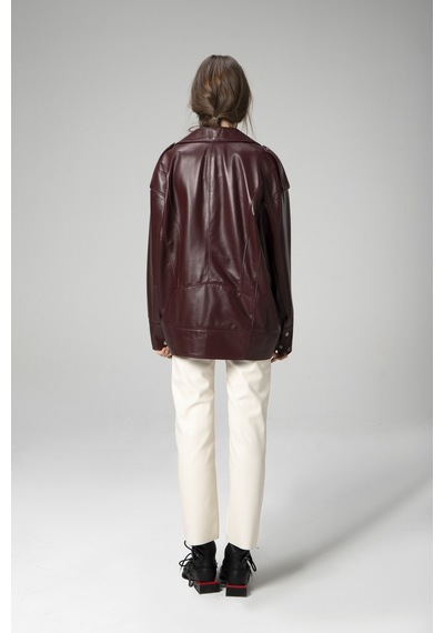 Dericlub Wm019 Oversize Biker Hakiki Deri Kadın Mont Bordo Bordo