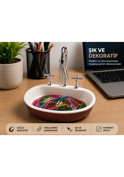 Manyetik Ataç Tutucu Lavabo Tasarımlı Masaüstü Düzenleyici Çok Renkli