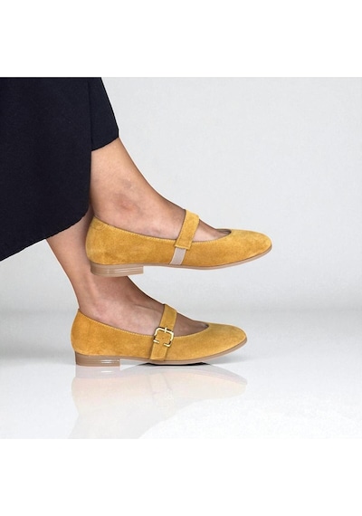 Ne&ve Shoes Hardal Süet Hakiki Deri Yuvarlak Burunlu Tokalı Kadın Babet