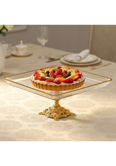 Assa Bazaar Kristal Metal Ayaklı Yaldızlı Kare Pasta Sunumluk Altın