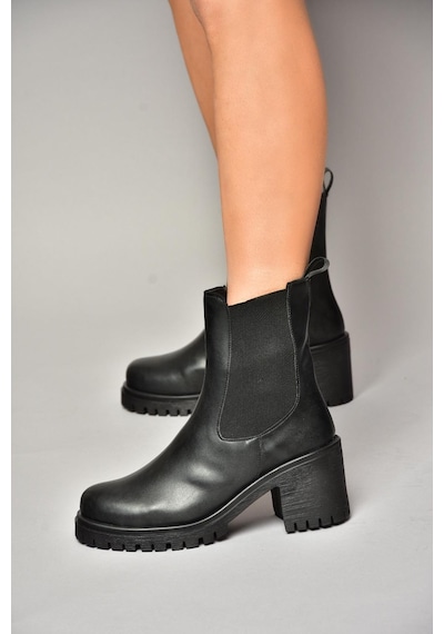 Fox Shoes T726981609 Siyah Lastikli Kalın Topuklu Kadın Bot Siyah-Suni Deri Siyah
