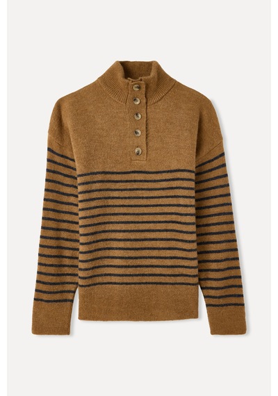 Mudo Kadın Kadın Kahverengi Çizgili Loose Fit Düğmeli Balıkçı Yaka Kazak 1264234 CAMEL