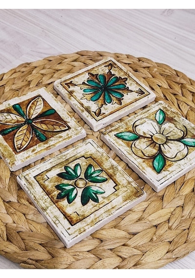 Baskılı Doğal Taş Bardak Altlığı 4'lü Set 10x10x1 Cm Hint Desenli Çok Renkli
