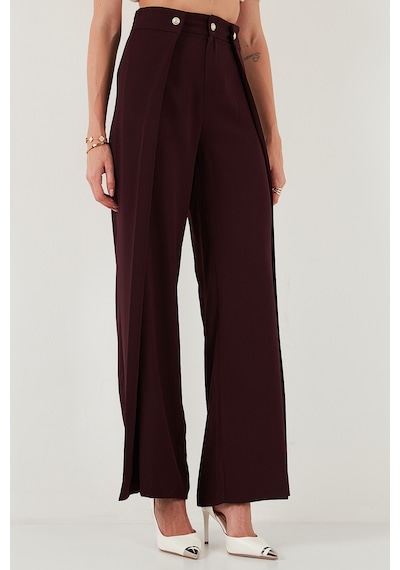 Lela Düğmeli Pile Detaylı Wide Leg Yüksek Bel Geniş Paça Bayan Pantolon 68351133 Mürdüm