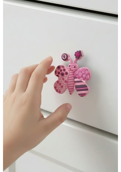 Pembe Kelebek Çocuk Odası Mobilya Kulbu - Tek Vidalı - Polyester Dolap ve Çekmece Kulpu Pembe