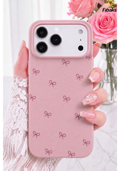 Fibaks iPhone 17 Pro Max Uyumlu Kılıf Çizgi Fiyonk Desenli Yumuşak Silikon Pembe