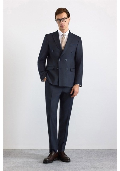 Süvari Lacivert Slim Kruvaze Yaka Düz Pike Torba Cep Yıkamalı 6 Drop Takım Elbise Tk1006900397-m09