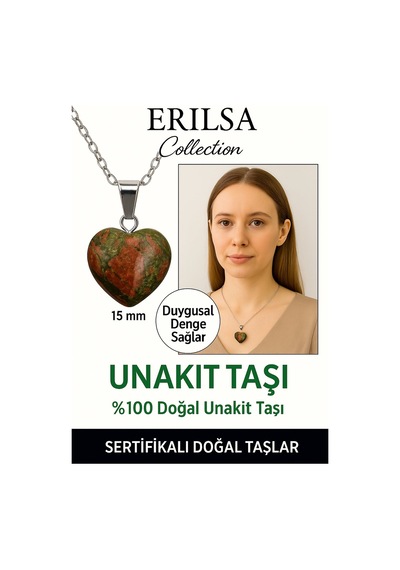 Erilsa Sertifikalı Kalp Model Mini Unakit Taşı Kolye Şifa, Denge Ve Du Çok Renkli