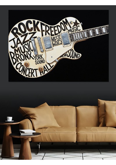 Gitar Şeklinde Yazılarla Rock Müzik Dekoratif Kanvas - Mdf Ahşap Tablo