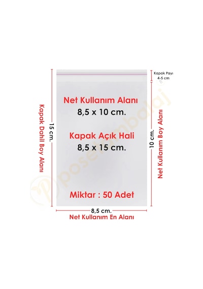 8,5x10+5 Cm. 8,5x15 50 Adet Şeffaf Bantlı Yapışkanlı Opp Poşet