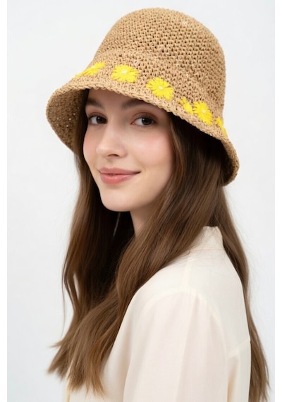 Mollycrush Kadın Hasır Papatya Desenli Yazlık Plaj Şapkası Ayarlanabilir Bağcıklı Retro Bucket Hasır