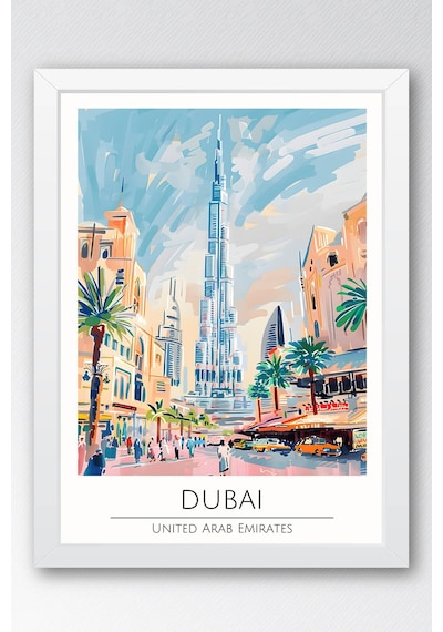 Dubai Temalı Çerçeveli Tablo Travel Serisi Modern İllüstrasyon Bae Şehir Duvar Dekoru Beyaz