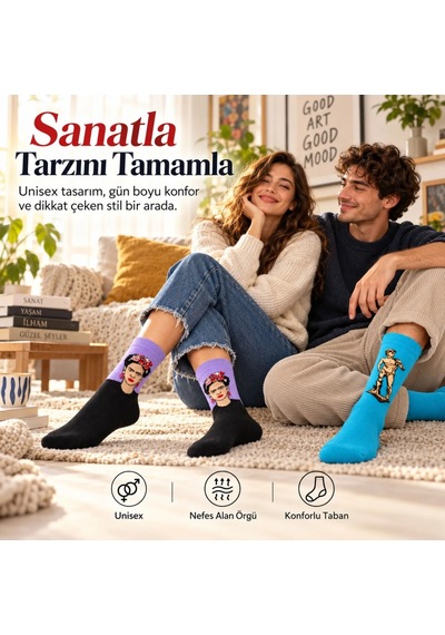 Çorap Giyim Unisex Çorap Sanat Temalı Renkli 7'li Set Portre Tablo Desenli Uzun Soket Günlük Eğlenceli Çorap Şık Çok Renkli