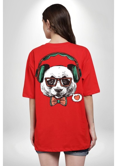 Kulaklıklı Hipster Portre Panda Kırmızı Oversize Unisex Ön Ve Sırt Baskılı Tişört Kırmızı