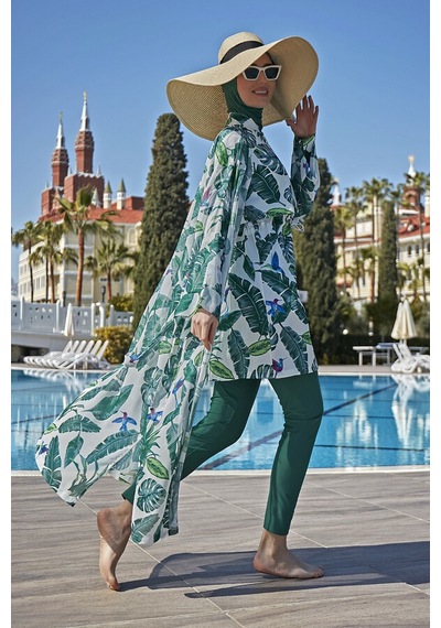 Remsa Mayo Remsa Tesettür Mayo Üzerine Tek Kaftan Kimono Pareo Rp017 Yeşil Yapraklar Yeşil