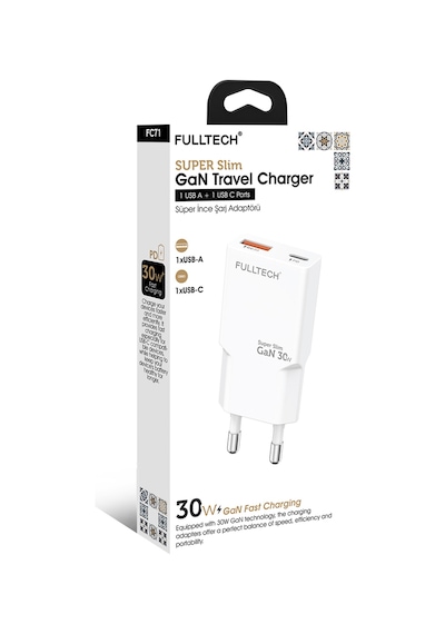 Fulltech Fc71 30w Gan Süper İnce Hızlı Şarj Adaptörü 1x Usb-a + 1x Usb-c Pd 30w & Qc 3.0 Destekl Fulltech Fc71 30w Gan Süper İnce Hızlı Şarj Adaptörü 1x Usb-a + 1x Usb-c Pd 30w & Qc 3.0 Destekl