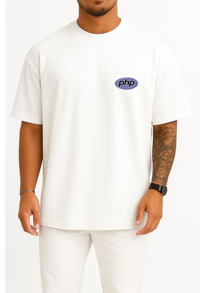 Bahriyeli Collection Oversize Php Logo Cep Tasarımlı Unisex T-shirt Beyaz