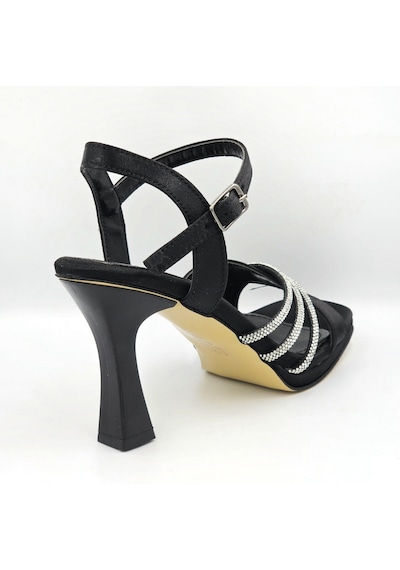 Asya 104070 Siyah Saten Taş Detaylı Platform Topuklu 8cm Kadın Abiye Sandalet Ayakkabı