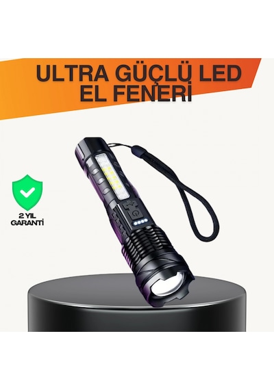 Şarjlı Led El Feneri Uzun Mesafe Ana Işık Ve Geniş Alan Cob Led Çok Renkli