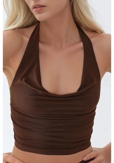 Hiccup Busem Halter Yaka Fit Kesim Kısa Bluz Mocha Kahvesi