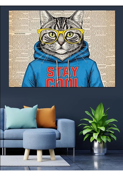 Gözlüklü Cool Kedi İllüstrasyon Tablo Dekoratif Kanvas - Mdf Ahşap Tablo