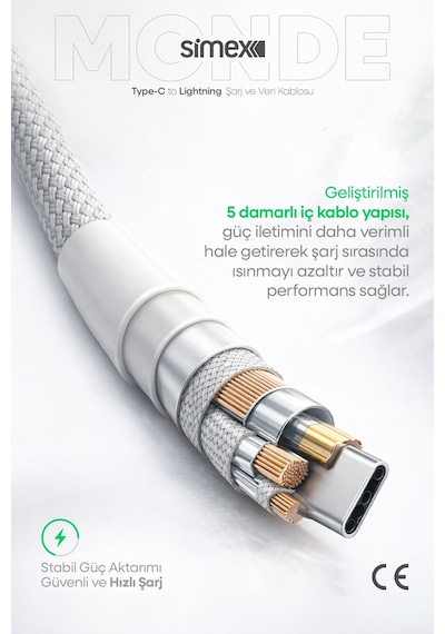 Simex 11 12 13 14 Pro Max Serisi Type-c To Lightning Hızlı Şarj Kablosu, Apple iPhone Uyumlu Şarj Kablosu, Gri, 1 Metre