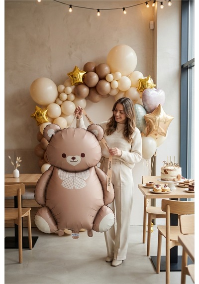 Retro Krem Fiyonklu Kahverengi Ayıcık Folyo Balon Baby Shower Parti Süsü Çok Renkli