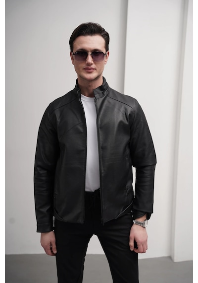 Modefendi Slim Fit Kalıp Hakim Yaka Ribanası Asimetrik Model İthal Deri Mont Siyah