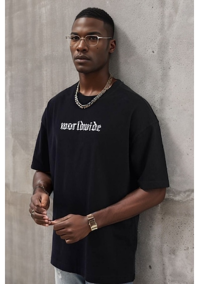Balenbi Unisex Bisiklet Yaka Oversize Kalıp Penye Tişört 1004 Siyah