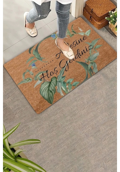 Valerine Life Mavi Papatya Yaprak Kişiye, İsme Ve Aileye Özel Hoş Geldiniz Kapı Önü Paspası 45x70cm Kahverengi