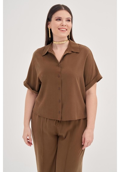Myline Kısa Kollu Oversize Gömlek-1801 Kahverengi