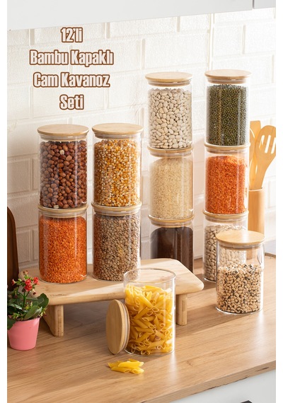Porsima 2-4 Bambu Vakumlu Kapaklı Yuvarlak Cam 12li Kavanoz Seti Saklama Kabı 1300ml 10x20cm