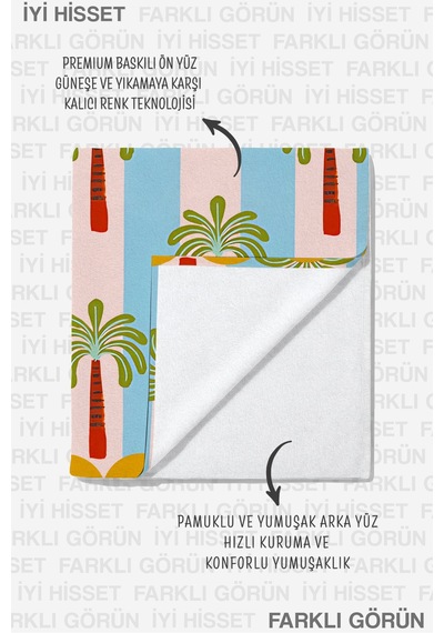Palmiye Temalı Çizgili Plaj Havlusu - Tropikal Modern Pastel Renk Hızlı Kuruyan Mikrofiber Havlu Çok Renkli