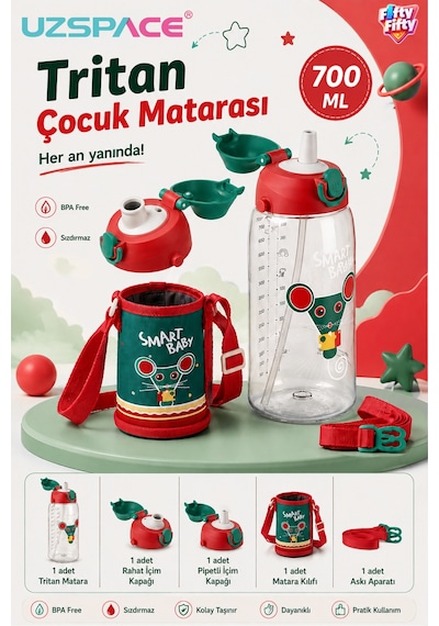 700 Ml Büyük Boy Kılıflı 2 Ayrı Kapaklı Pipetli / Pipetsiz Tritan Su Matarası Kırmızı-yeşil