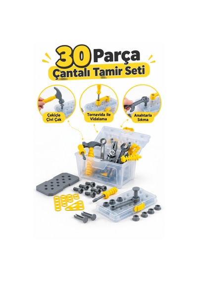 Oyuncak 30 Parça Çantalı Oyuncak Tamir Seti Çekiç Tornavida Pense Anahtar Testere Vidalama Çivi Çakma Vidalama Oyunu Çocuk Alet Seti Sarı