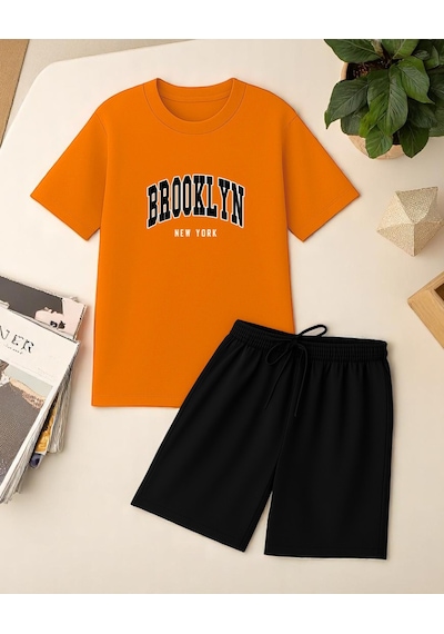 Uyguntarz Unisex Brooklyn Baskılı Tasarım Şort Takım Turuncu