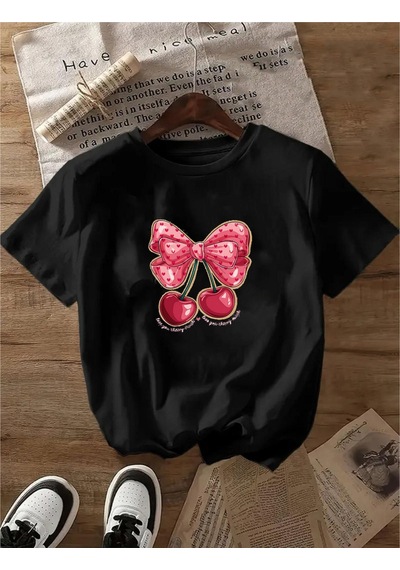 Uyguntarz Unisex Vişne Baskılı Tasarım Tshirt Siyah