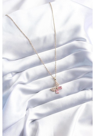 Celira Çelik Gold Renk Pembe Zirkon Taşlı Kelebek Model Kadın Kolye Çok Renkli
