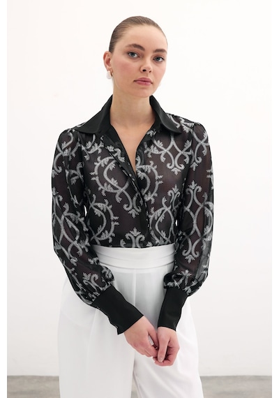 Sateen Geniş Manşetli Şifon Gömlek - Siyah-135894 Siyah