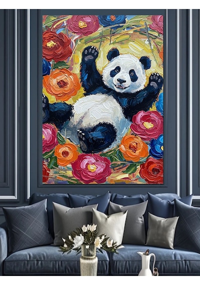 Çiçekler İçinde Sevimli Panda Dekoratif Kanvas - Mdf Ahşap Tablo
