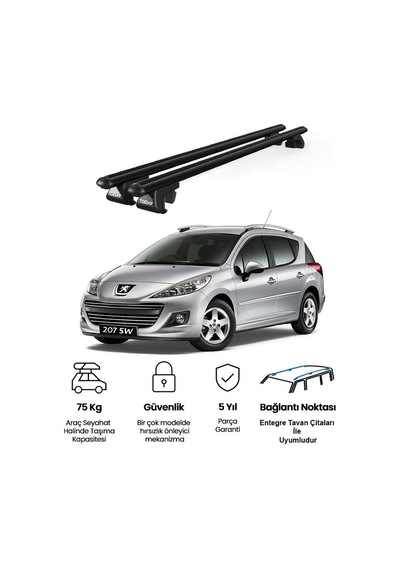 Venüs Peugeot 207 Station Wagon 2007-2013 Uyumlu Siyah Ara Atkı Port Bagaj Tavan Barı