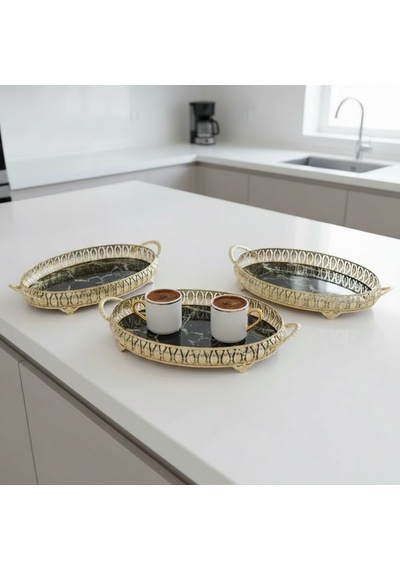 3 Adet Gold Renk Mermer Desen Metal Çerçeveli Cam Nişan-servis Tepsi Seti 28 19 Cm Rosegold